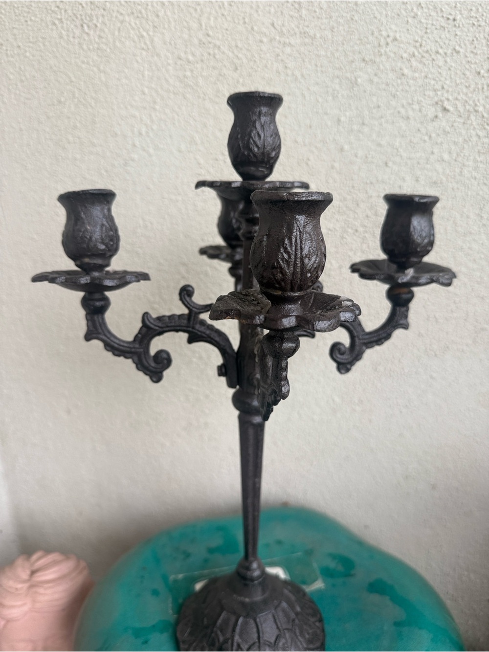 Heavy Antique-Style 5-Arm Black Metal Candelabra